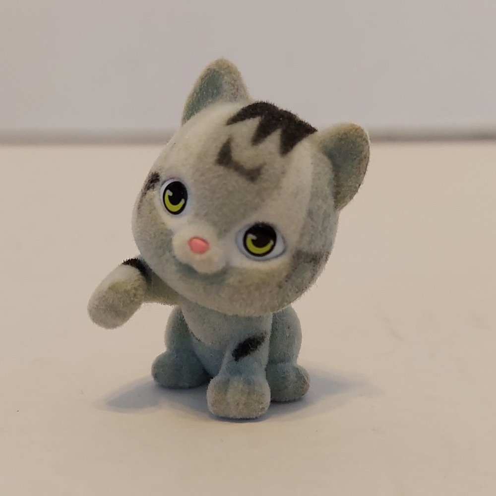Vintage Flocked Cat Figurine Gray Striped Tabby Kitten